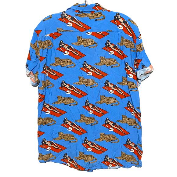 Baja Llama Purrfect Woman Leopard Blue Nighthawk Button Shirt Mens L Viscose - Picture 2 of 10